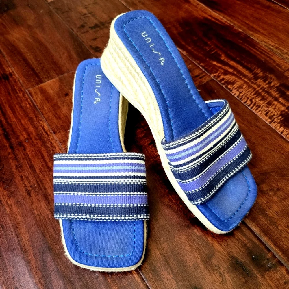 Unisa Espradille Wedge Sandals Womens 7.5 Blue White Unisa Sandals - Picture 1 of 9